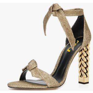 FSJ Gold Bows Gold Metal Chain Chunky High Heels Ankle Strap Open Toe Sandals